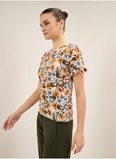Salt Attire Women's Multi-Color Floral Pattern Top with Round Neckline, Half-Length Sleeves, Ruffled Sleeve Hem, and Regular Fit for a Chic and Feminine Look  - Image 4