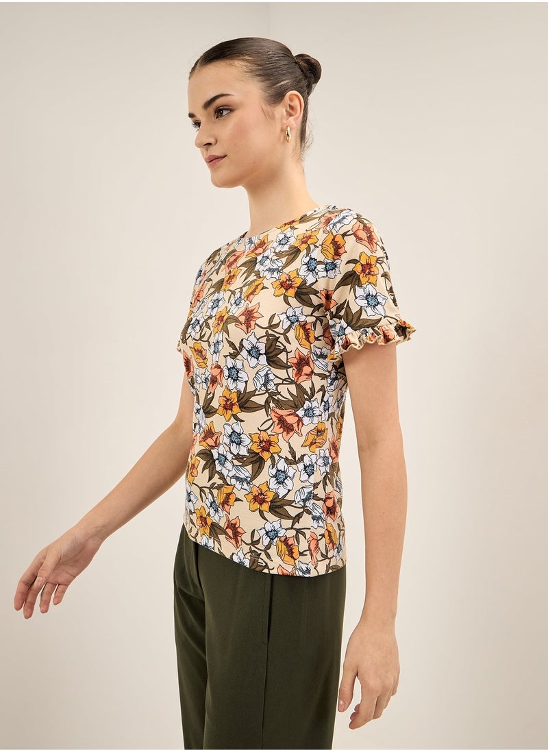 Salt Attire Women's Multi-Color Floral Pattern Top with Round Neckline, Half-Length Sleeves, Ruffled Sleeve Hem, and Regular Fit for a Chic and Feminine Look  - Image 4