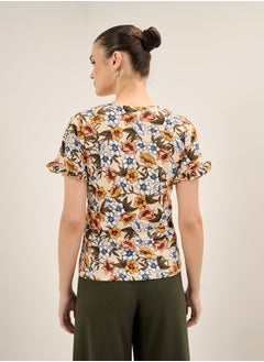 Salt Attire Women's Multi-Color Floral Pattern Top with Round Neckline, Half-Length Sleeves, Ruffled Sleeve Hem, and Regular Fit for a Chic and Feminine Look  - Image 5