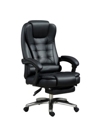 كرسي كمبيوتر مريح، مصنوع من جلد البولي يوريثان، ارتفاع قابل للتعديل، وظيفة تدليك، ظهر مرتفع، دوران 360 درجة، دعم قطني، مساند ذراع مريحة. متوفر باللون الأسود.