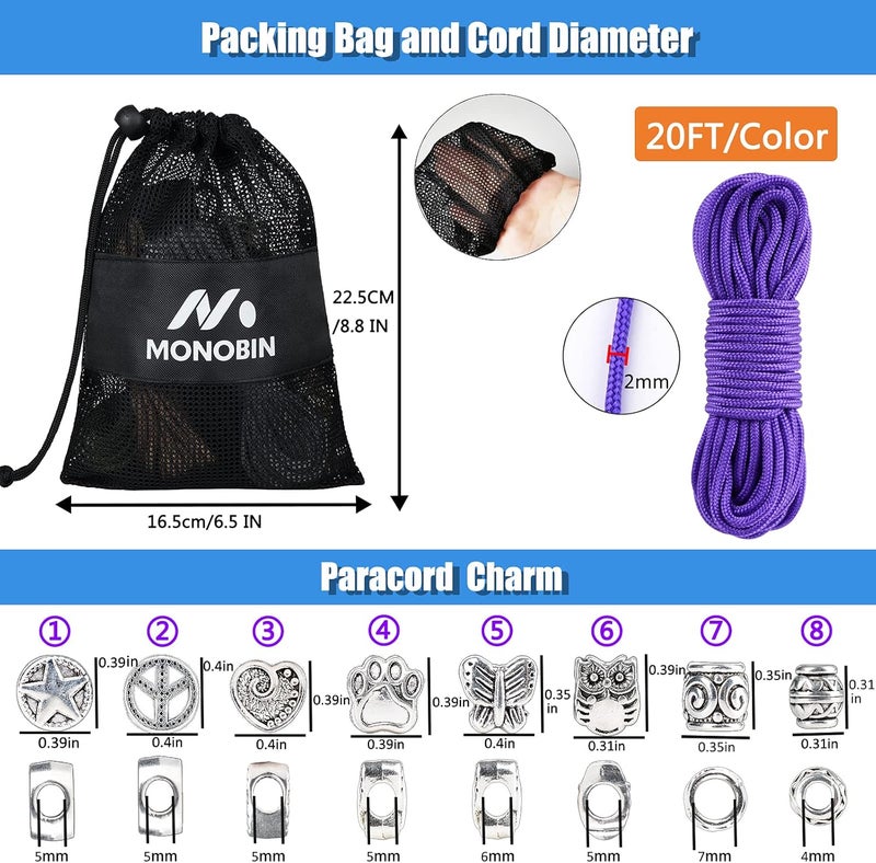 MONOBIN Micro Paracord，2mm 10Colors 20FT Paracord Combo Kit with Paracord Instructions and Charms ​for Making Paracord Bracelets, Lanyards, Jewelry Making - Image 4