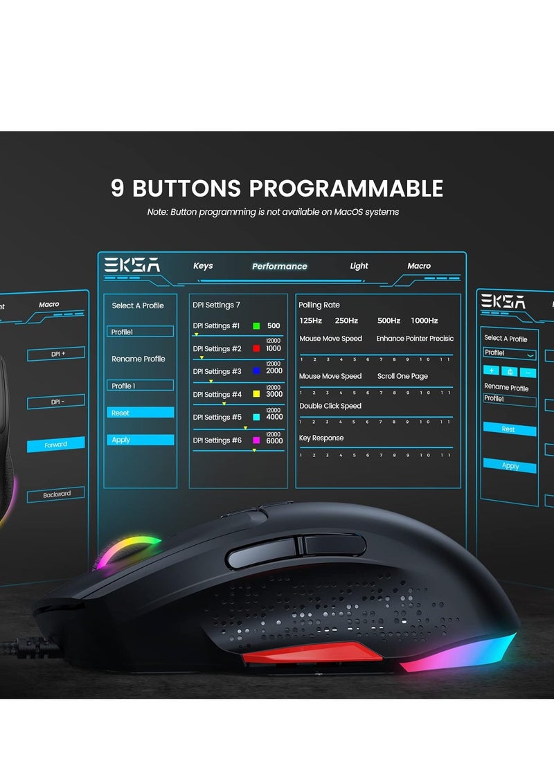EKSA - EM600 Gaming Mouse , Lightweight Only 90g - Optical Sensor 200-12000 DPI Adjustable, 9 Programmable Buttons, 12 RGB Backlit, Sniper Button, Ergonomic Computer Mouse - Image 1