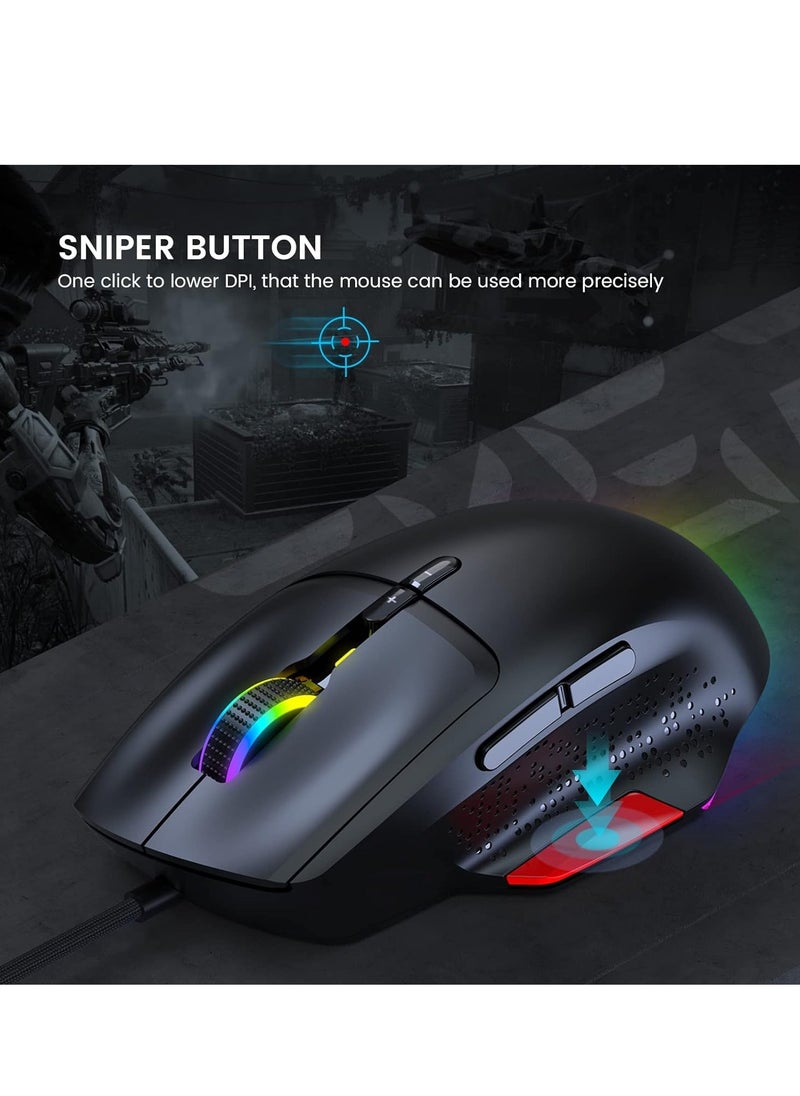 EKSA - EM600 Gaming Mouse , Lightweight Only 90g - Optical Sensor 200-12000 DPI Adjustable, 9 Programmable Buttons, 12 RGB Backlit, Sniper Button, Ergonomic Computer Mouse - Image 1