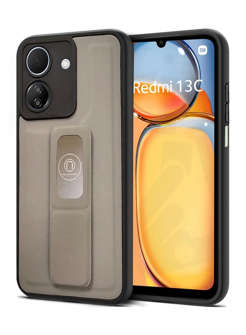 Techie غطاء خلفي أنيق من TPU سيليكون مع مقبض يد مغناطيسي آمن وحامل لجهاز Xiaomi Redmi 13C 4G - رمادي - Image 1