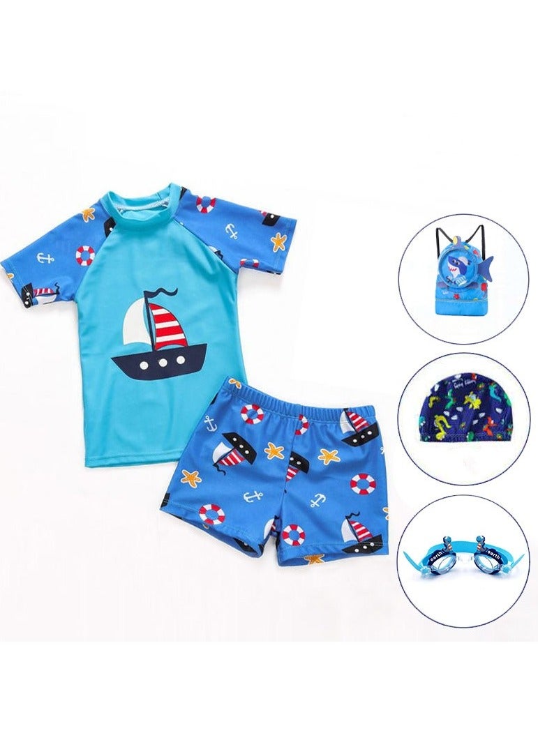 Toddler Boy 5-Piece Swimwear Set Baby Boy Swimsuit with Hat,Swim Goggles,and Storage Bag UPF 50+ Rash Guards Short Sleeve Bathing Suit for Boys - Image 1