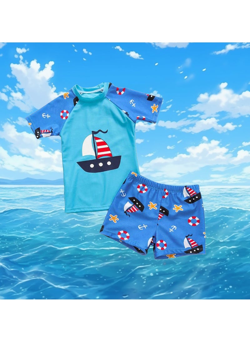 Toddler Boy 5-Piece Swimwear Set Baby Boy Swimsuit with Hat,Swim Goggles,and Storage Bag UPF 50+ Rash Guards Short Sleeve Bathing Suit for Boys - Image 3