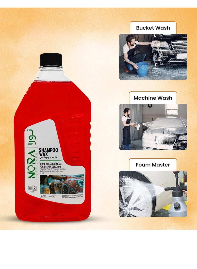 نورا شامبو وشمع السيارة NORA 1 لتر أحمر - رغوة تنظيف سميكة ممتازة للتنظيف العميق، تعزز حماية الشمع ولمعانه، تركيبة متوازنة الحموضة، آمنة على الجزء الخارجي للسيارة والإطارات والبلاستيك وأجزاء الفينيل - متوافقة مع دلو وغسالة الملابس - Image 3