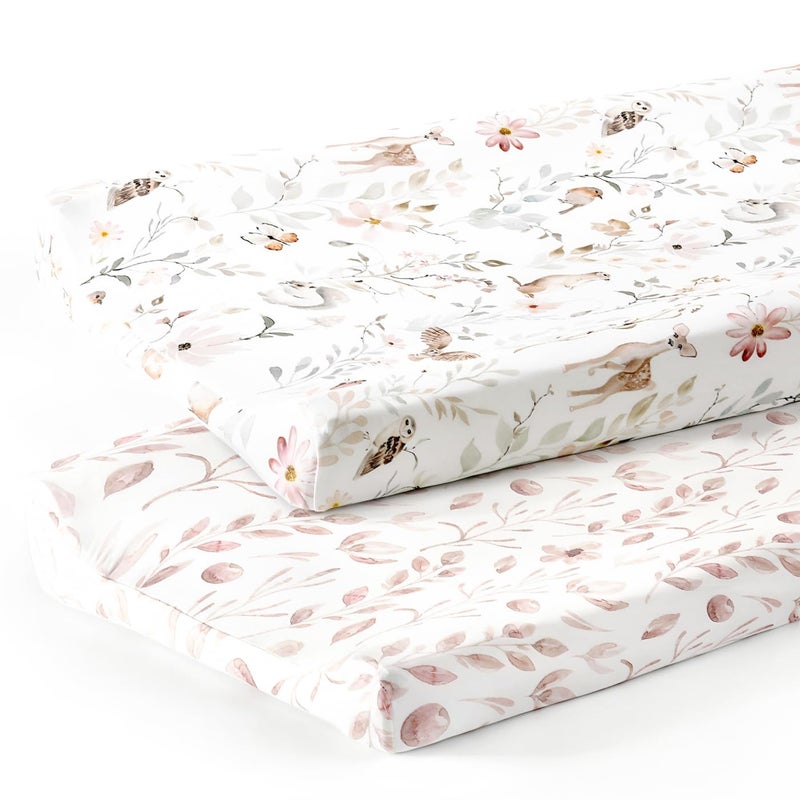 GRSSDER Stretch Ultra Soft Jersey Knit Changing Pad Cover Set 2 Pack Change Table Pad Covers Fit 3234 x 16 Pads Safe and Snug Beautiful Blush Pink Floral and Cute Animals Print for Girls