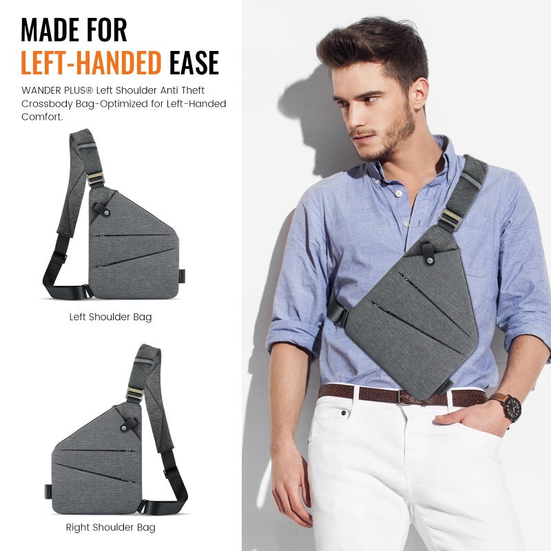 WANDER PLUSÂ® Left Shoulder Anti Theft Crossbody Travel Bag for Women Men, Multi-pocket Crossbody Bag, Slim Sling Bag with Adjustable Strap, Grey - Image 3
