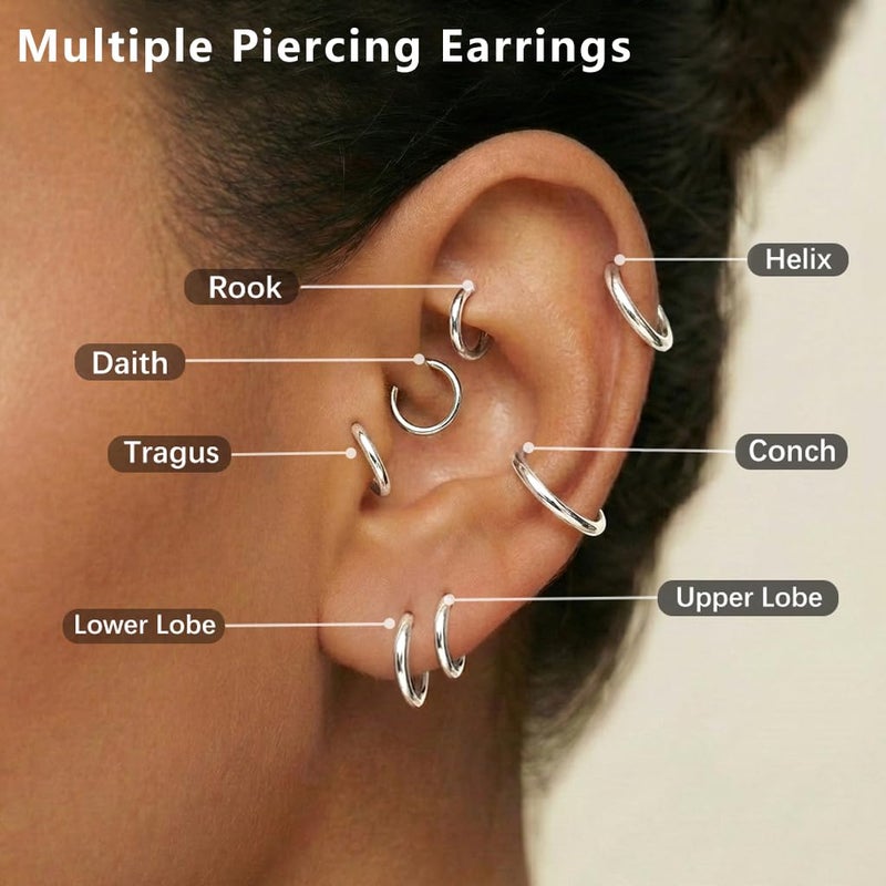 Gokeey 5 Pairs Small Silver Hoop Earrings Set, Cute Helix Huggie Earrings for Women Men, Hypoallergenic 316L Stainless Steel Tiny Cartilage Earrings Hoop Silver Hoop Earrings for Multiple Piercing Jewelry Gift 6mm 6mm 8mm 8mm 10mm - Image 4