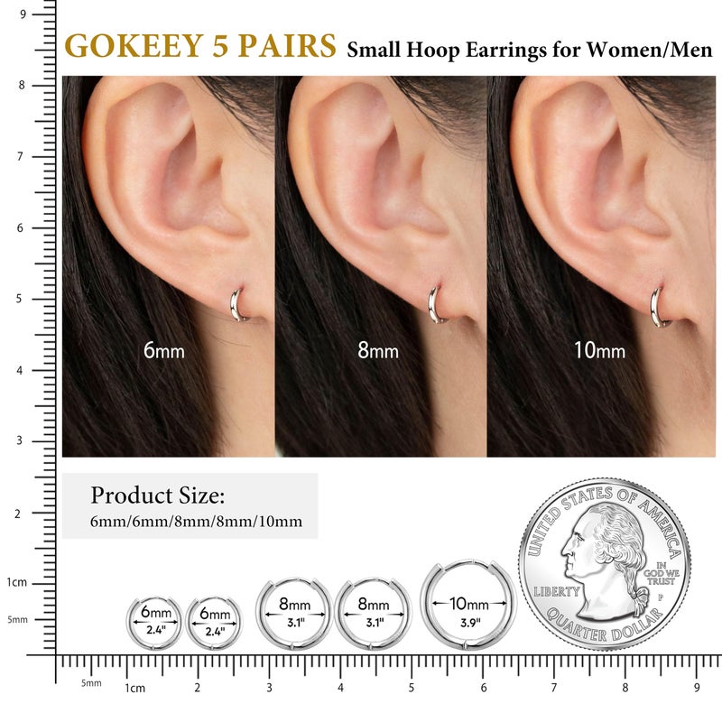 Gokeey 5 Pairs Small Silver Hoop Earrings Set, Cute Helix Huggie Earrings for Women Men, Hypoallergenic 316L Stainless Steel Tiny Cartilage Earrings Hoop Silver Hoop Earrings for Multiple Piercing Jewelry Gift 6mm 6mm 8mm 8mm 10mm - Image 3