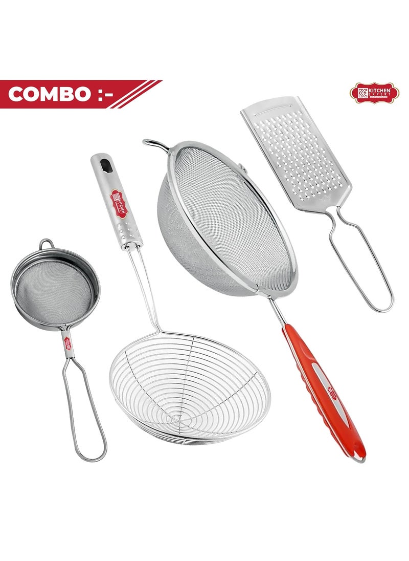 Kitchen Expert - Kitchen Expert Stainless Steel Combo of Soup Strainer, Puri Jhara, Tea Strainer & Ginger Grator | Strainers for Kitchen | Channi Set for Kitchen | (Set of 4 Pcs), 6 X 12 X 2 centimeters,Silver - Image 1
