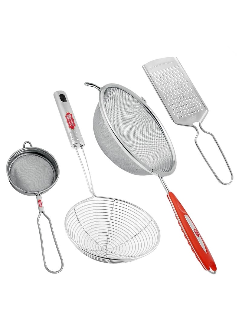 Kitchen Expert - Kitchen Expert Stainless Steel Combo of Soup Strainer, Puri Jhara, Tea Strainer & Ginger Grator | Strainers for Kitchen | Channi Set for Kitchen | (Set of 4 Pcs), 6 X 12 X 2 centimeters,Silver - Image 1