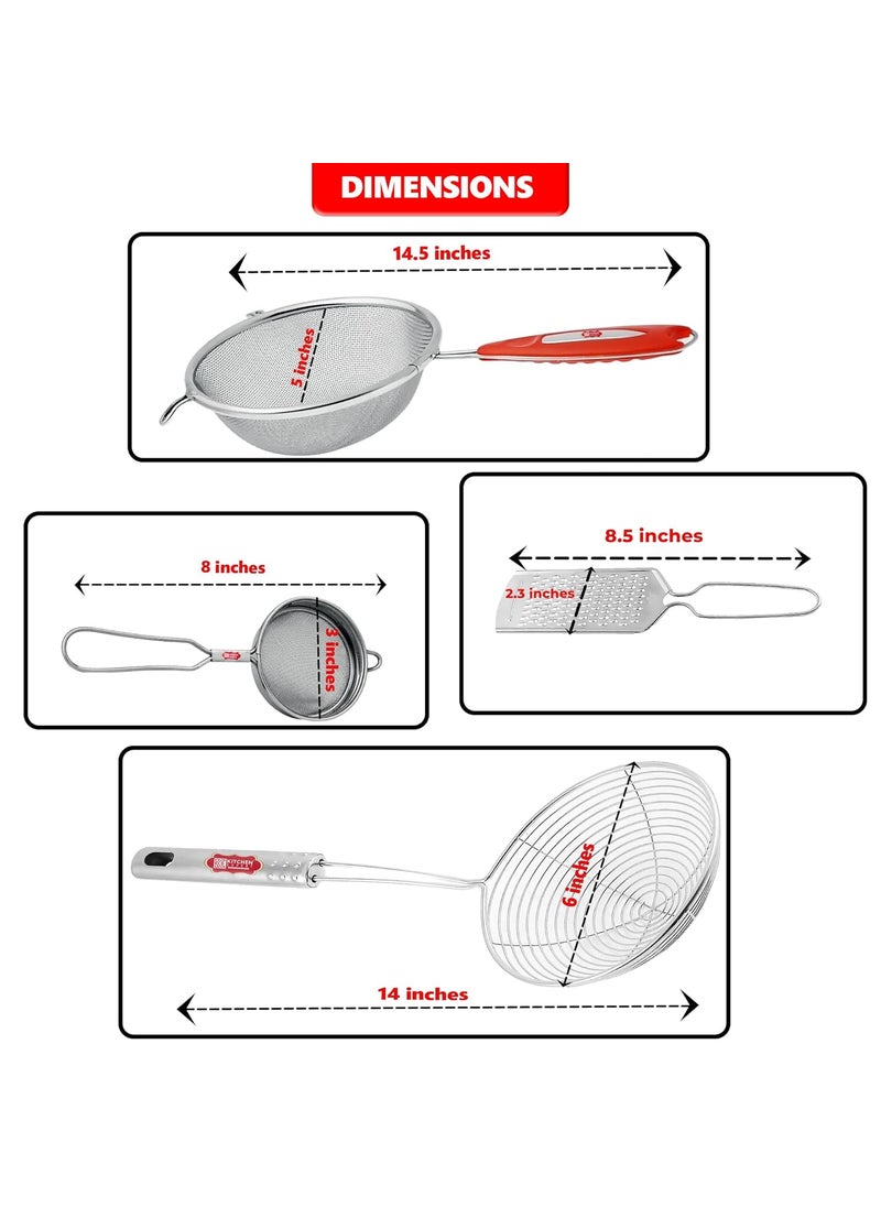 Kitchen Expert - Kitchen Expert Stainless Steel Combo of Soup Strainer, Puri Jhara, Tea Strainer & Ginger Grator | Strainers for Kitchen | Channi Set for Kitchen | (Set of 4 Pcs), 6 X 12 X 2 centimeters,Silver - Image 1