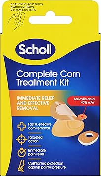 Scholl Complete Corn Removal Treatment Kit 1 Pack Medicated Action with Salicylic Acid Includes 6 Pads 6 Medicated Discs and 9 Cushions for Effective Corn Removal - Image 1