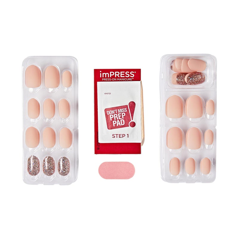 Impress KISS imPRESS No Glue Mani Press On Nails, Design, 'Evanesce', Beige, Short Size, Oval Shape, Includes 30 Nails, Prep Pad, Instructions Sheet, 1 Manicure Stick, 1 Mini File - Image 4