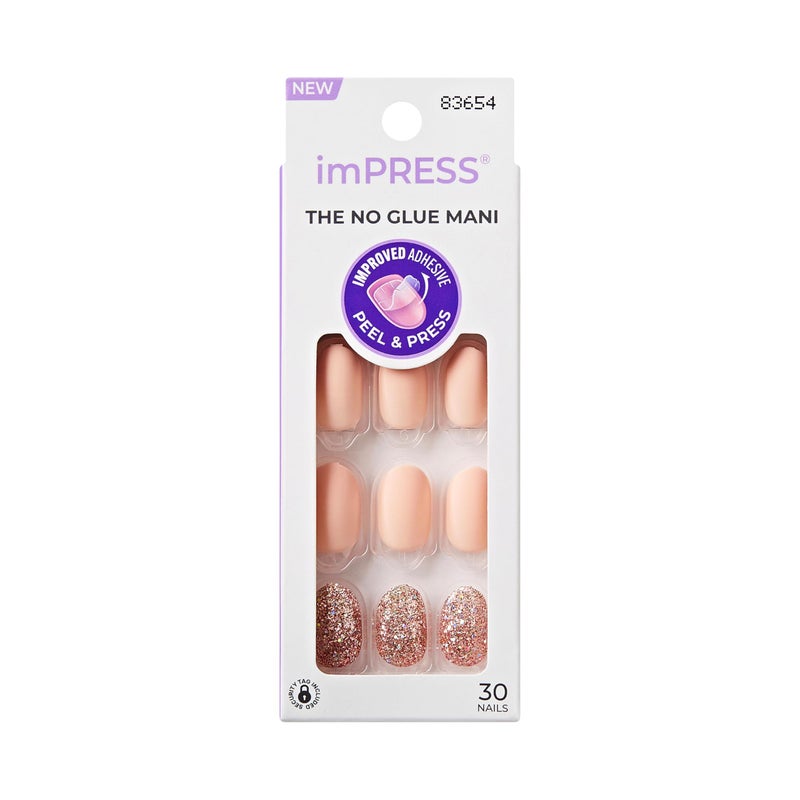 Impress KISS imPRESS No Glue Mani Press On Nails, Design, 'Evanesce', Beige, Short Size, Oval Shape, Includes 30 Nails, Prep Pad, Instructions Sheet, 1 Manicure Stick, 1 Mini File - Image 1