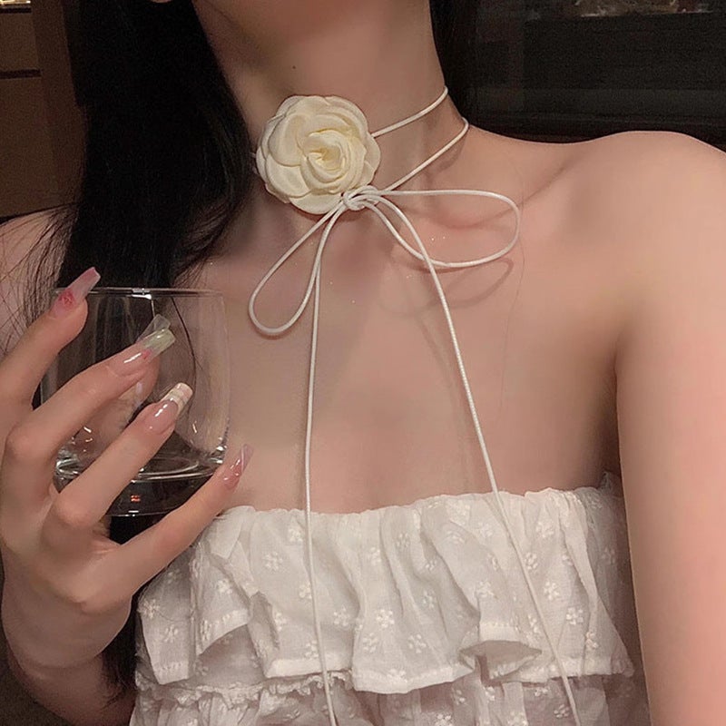 Handmade Rose Floral Choker Necklace for Women rice white flowers