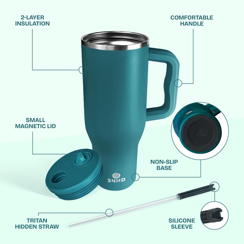 34HD 40 oz Stainless Steel Tumbler - Leakproof Insulated Water Bottle with Handle, Magnetic Lid and Flexible Straw - Iced for 48 Hours â€“ Perfect for Men, Women, Birthday Gift, Green - Teal Mirage - Image 3