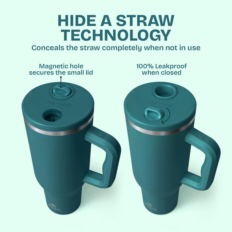 34HD 40 oz Stainless Steel Tumbler - Leakproof Insulated Water Bottle with Handle, Magnetic Lid and Flexible Straw - Iced for 48 Hours â€“ Perfect for Men, Women, Birthday Gift, Green - Teal Mirage - Image 4