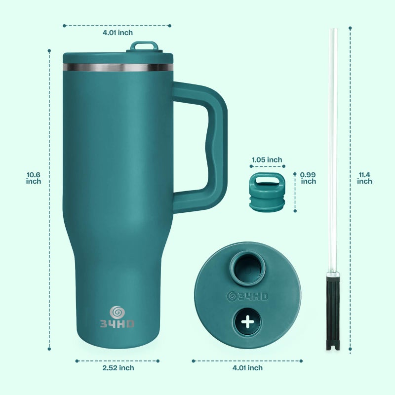 34HD 40 oz Stainless Steel Tumbler - Leakproof Insulated Water Bottle with Handle, Magnetic Lid and Flexible Straw - Iced for 48 Hours â€“ Perfect for Men, Women, Birthday Gift, Green - Teal Mirage - Image 2