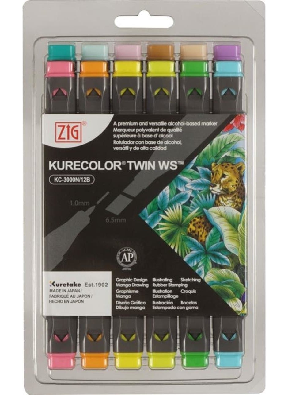 Zig Kurecolor Twin S Double Tip Marker Pen Set 12 Colors Pale Colors 
