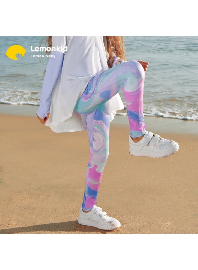Lemonkid Children's Leggings For Girls, Yoga Summer Elastic Ice-feel Sun Protection Lightweight Quick-dry, Aide Lan Purple, Size 130 - Image 1