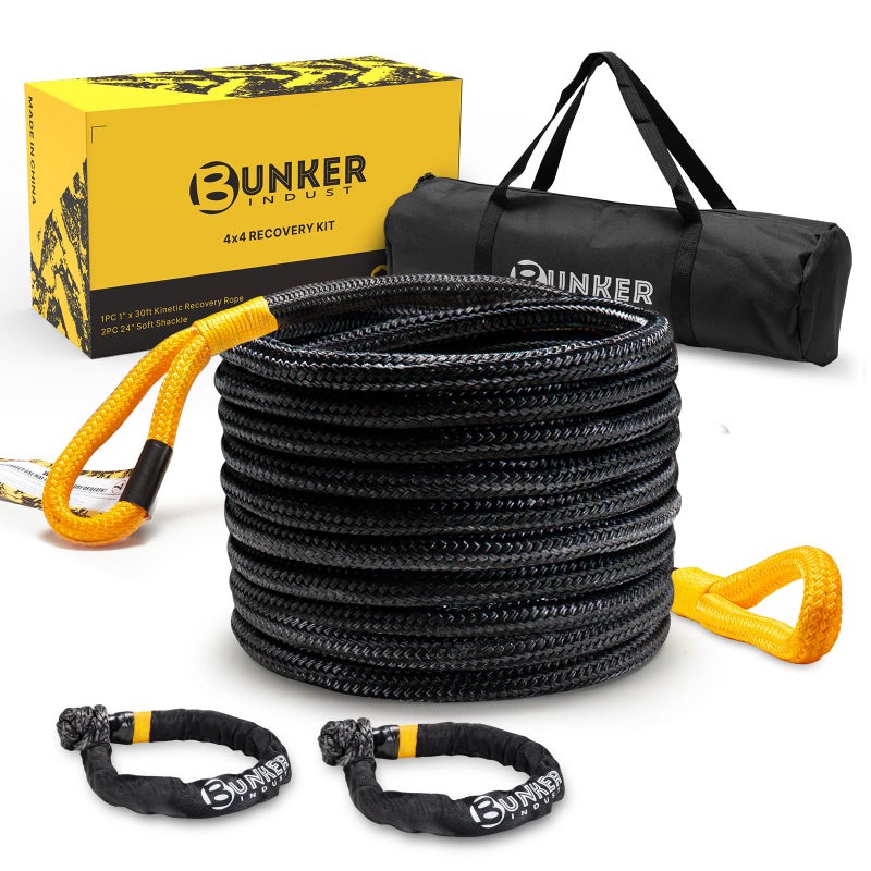 BUNKER INDUST BUNKER INDUST 1"×30ft Kinetic Recovery Rope with 2 Soft Shackles Kit, Kinetic Recovery Tow Rope Strap Off Road Recovery Kit for UTV, ATV, Truck, Car, Jeep, Tractor - Image 1