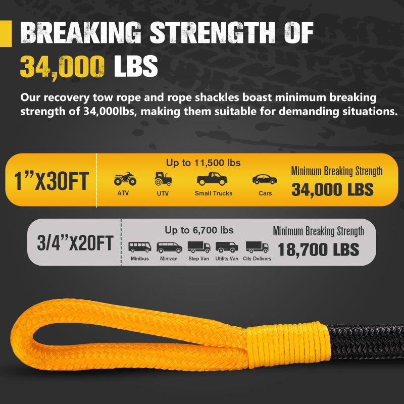 BUNKER INDUST BUNKER INDUST 1"×30ft Kinetic Recovery Rope with 2 Soft Shackles Kit, Kinetic Recovery Tow Rope Strap Off Road Recovery Kit for UTV, ATV, Truck, Car, Jeep, Tractor - Image 2
