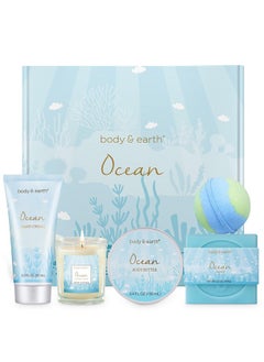 BODY & EARTH Gifts for Women, Bath and Body Gift Sets for Women with 5 Pcs Ocean Scented Spa Gifts for Women, Bath Gifts for Women with Scented Candle Body Butter Hand Cream Bath Bomb Womens Gifts for Christmas  - Image 1