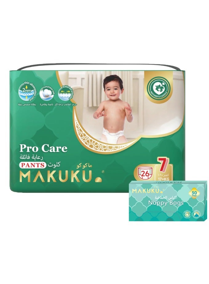 Makuku Diapers Pro Care Pants Size 7 XXXLarge And Nappy Bags 26 Diapers + 50 Bags 