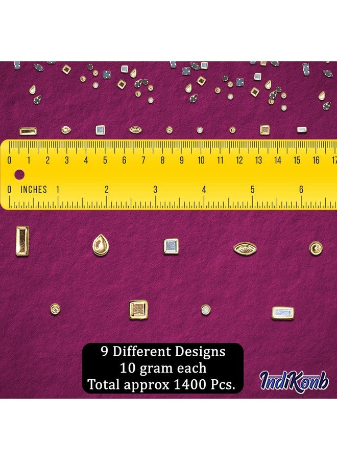 INDIKONB INDIKONB 1400 Kundan Stones Set - 9 Assorted Shapes and Sizes for Jewelry Making, Embroidery, Bangle Crafting - White & Gold  - Image 2