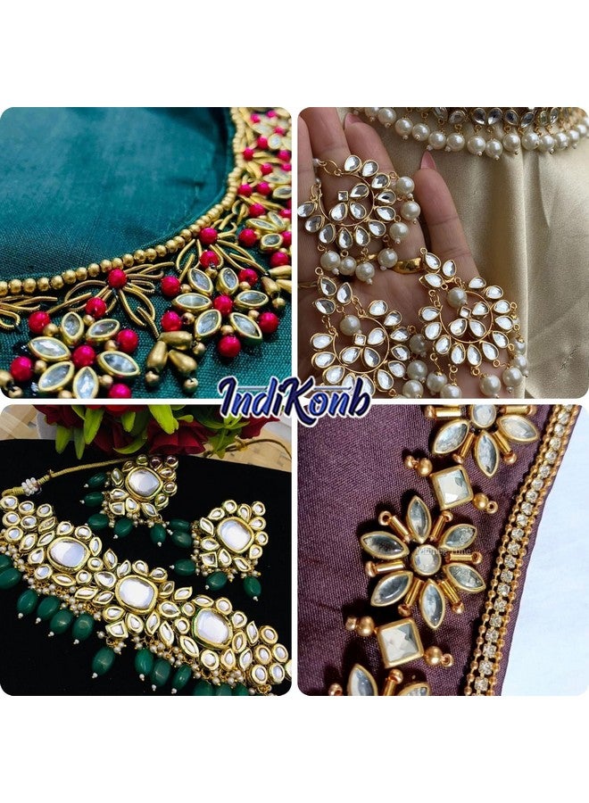 INDIKONB INDIKONB 1400 Kundan Stones Set - 9 Assorted Shapes and Sizes for Jewelry Making, Embroidery, Bangle Crafting - White & Gold  - Image 4
