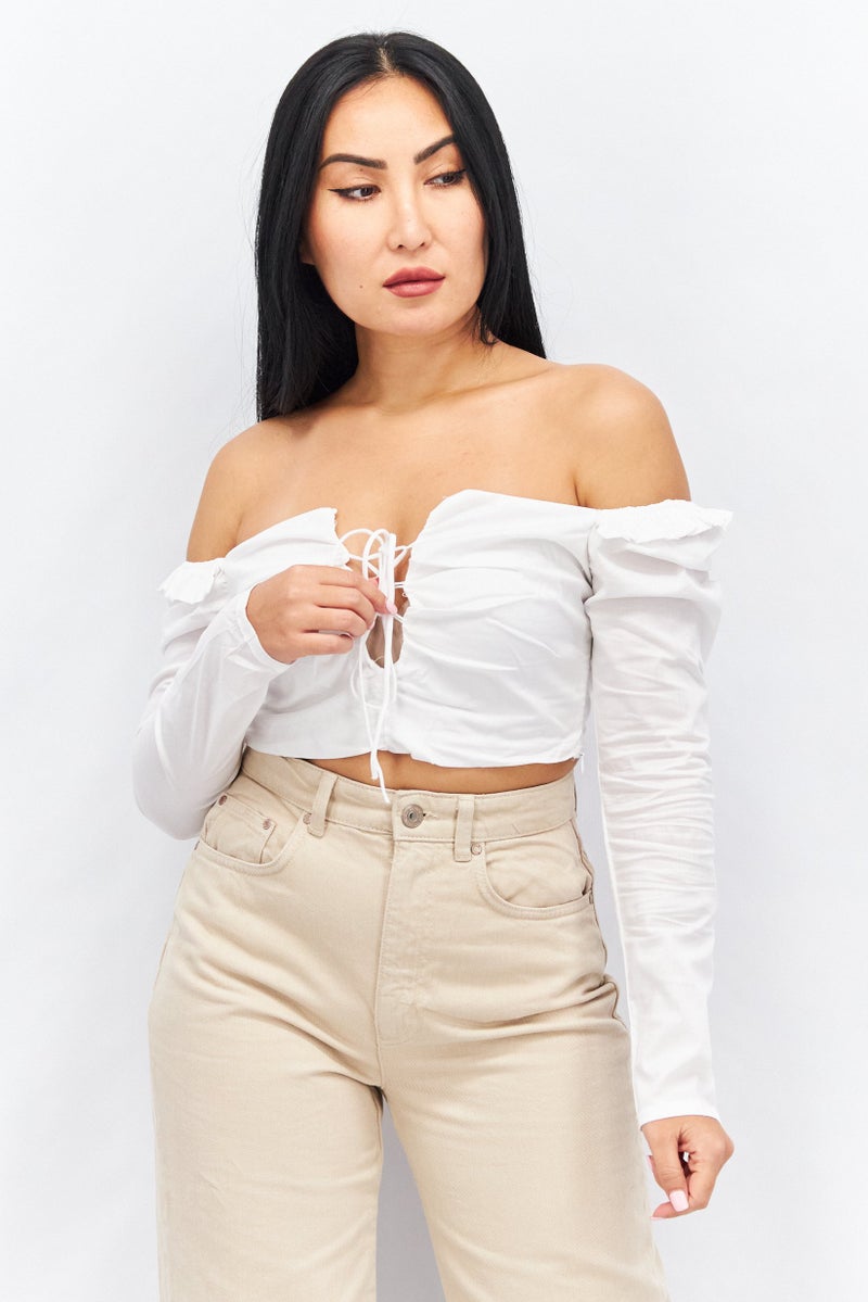 I SAW IT FIRST Women Off Shoulder Long Sleeves Solid Blouse, White - Image 1