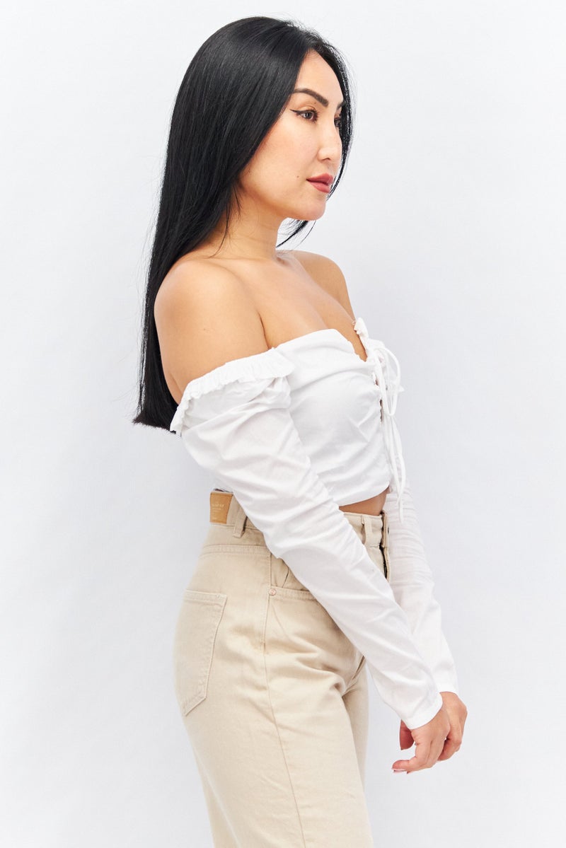 I SAW IT FIRST Women Off Shoulder Long Sleeves Solid Blouse, White - Image 2