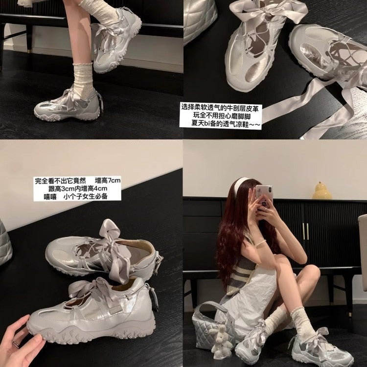 Genuine Leather Lace Dream 7Cm Inner Heightening Thick-Soled Ballet Training Shoes Women'S Mary Jane Summer Breathable Sports Sandals - Image 3