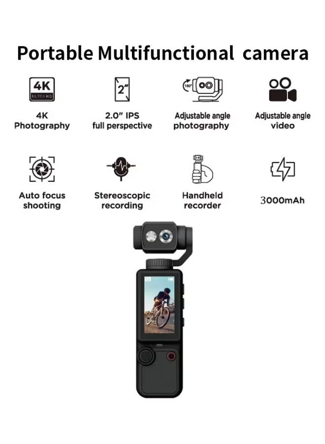 AIR TAB Pocket 4 4K Ultra HD Camera with 180° Adjustable Gimbal, 2-Inch IPS Display, 3000mAh Battery – Ideal for Vlogging, Travel, Outdoor Adventures, and Action Recording, Black - Image 3