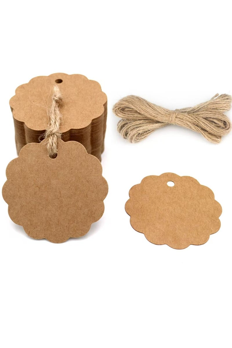 100pcs Kraft Paper Scalloped Gift Tags with Natural Jute Twine, Round Present Labels for Birthday, Wedding, Crafts & Party Decorations - Image 1