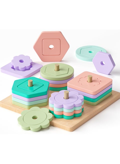 Montessori Wooden Toys for Toddlers Age 1 to 3, Shape Sorting and Color Stacking Educational Puzzles for Boys and Girls