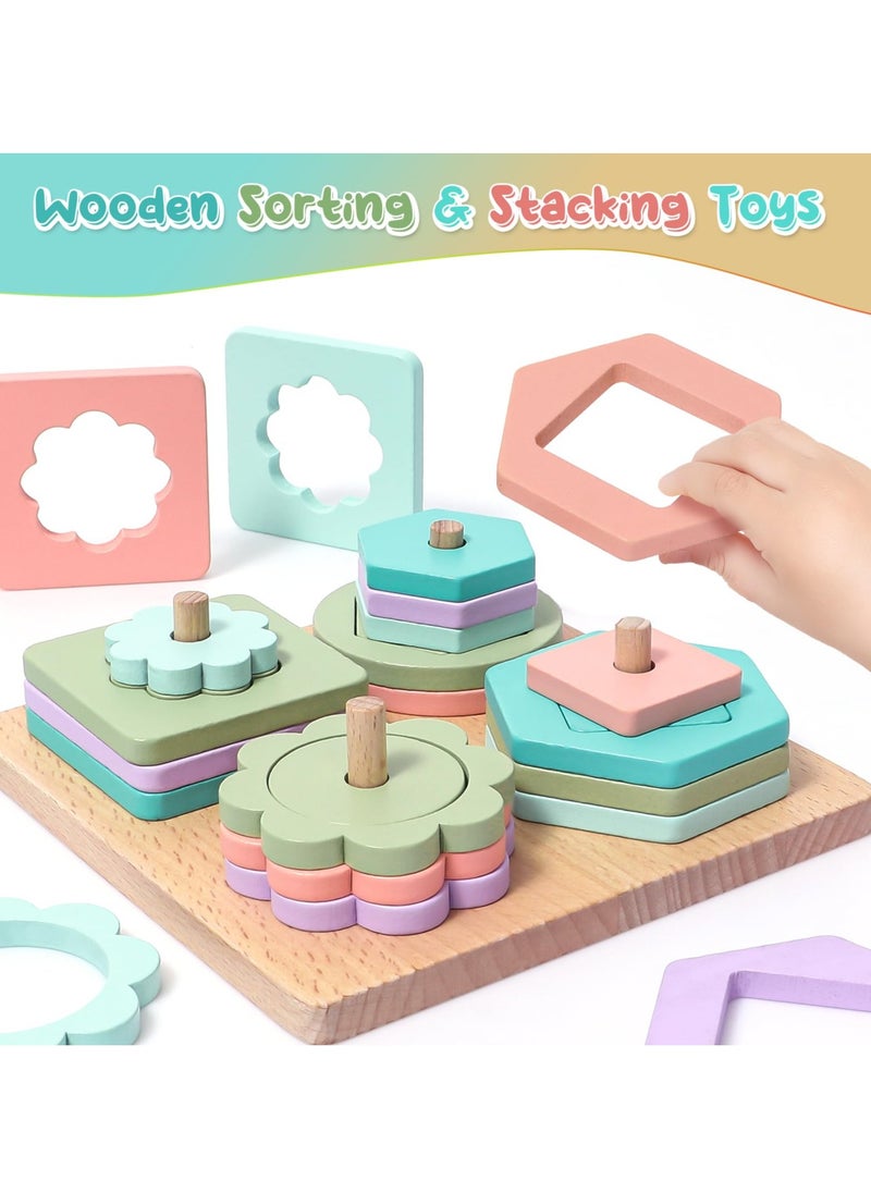 Montessori Wooden Toys for Toddlers Age 1 to 3, Shape Sorting and Color Stacking Educational Puzzles for Boys and Girls