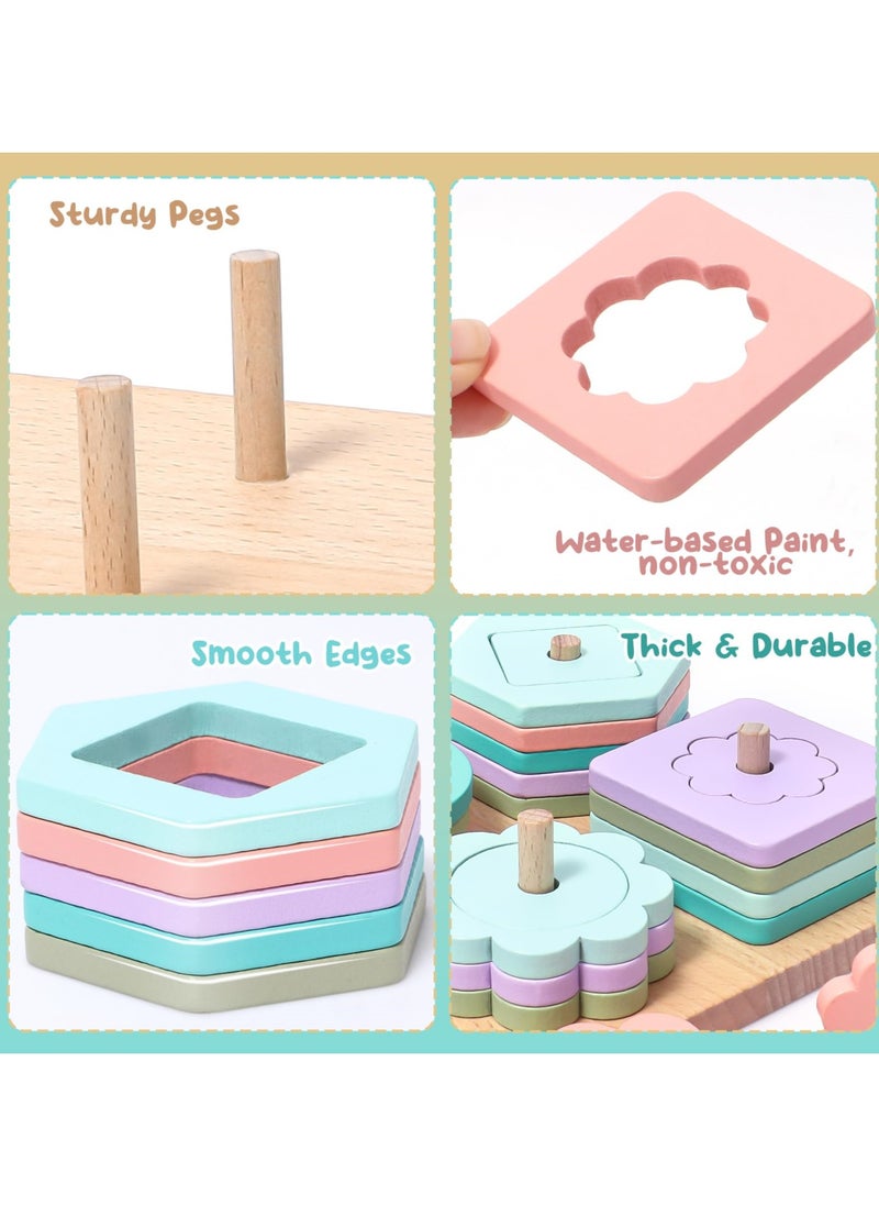 Montessori Wooden Toys for Toddlers Age 1 to 3, Shape Sorting and Color Stacking Educational Puzzles for Boys and Girls