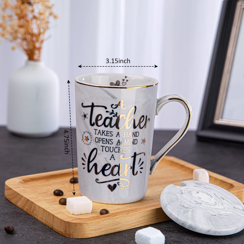 ALBISS Best Teacher Appreciation Gift for Women Men - A Teacher Takes A Hand Opens A Mind Touches A Heart - Funny Graduation Retirement Christmas Gifts, 14Oz Grey Coffee Mug with Gold Print, Nice Gift Boxed - Image 2