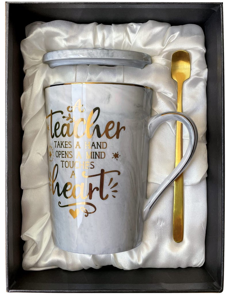 ALBISS Best Teacher Appreciation Gift for Women Men - A Teacher Takes A Hand Opens A Mind Touches A Heart - Funny Graduation Retirement Christmas Gifts, 14Oz Grey Coffee Mug with Gold Print, Nice Gift Boxed - Image 1
