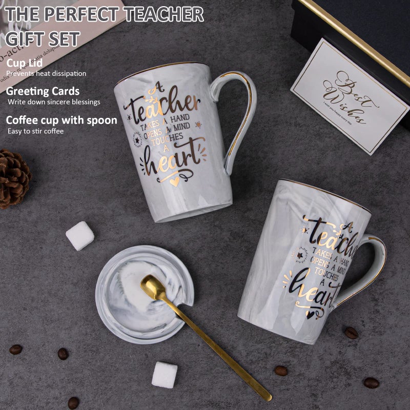 ALBISS Best Teacher Appreciation Gift for Women Men - A Teacher Takes A Hand Opens A Mind Touches A Heart - Funny Graduation Retirement Christmas Gifts, 14Oz Grey Coffee Mug with Gold Print, Nice Gift Boxed - Image 4