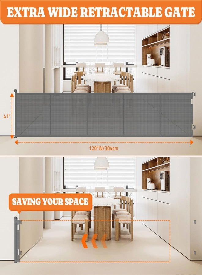 Pawtners Upgrade 120" Retractable Baby Gates Extra Wide with Reinforced Strips, 10 FT Retractable Dog Gate for Garage, 41" Tall Retractable Gate Indoor Outdoor for Pet and Baby-Grey - Image 3