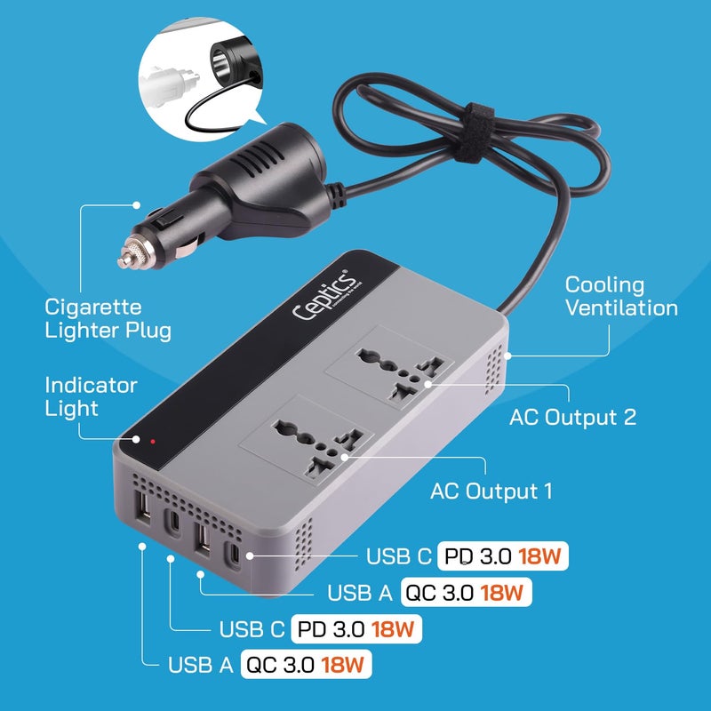 Ceptics 200W Car Laptop Charger/Power Inverter with SmartVoltage™ Technology - 12V DC to 220V AC, 15W 2 USB-A, 2 USB-C with QC 3.0, 2X Universal AC Outlet – Grey Color - 18 Months Warranty - Image 5