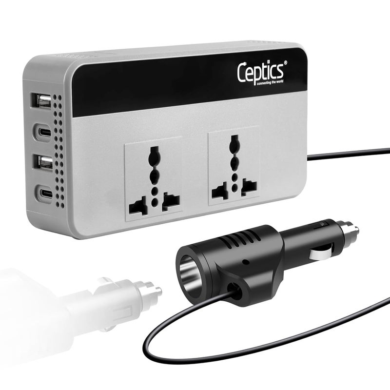Ceptics 200W Car Laptop Charger/Power Inverter with SmartVoltage™ Technology - 12V DC to 220V AC, 15W 2 USB-A, 2 USB-C with QC 3.0, 2X Universal AC Outlet – Grey Color - 18 Months Warranty - Image 1