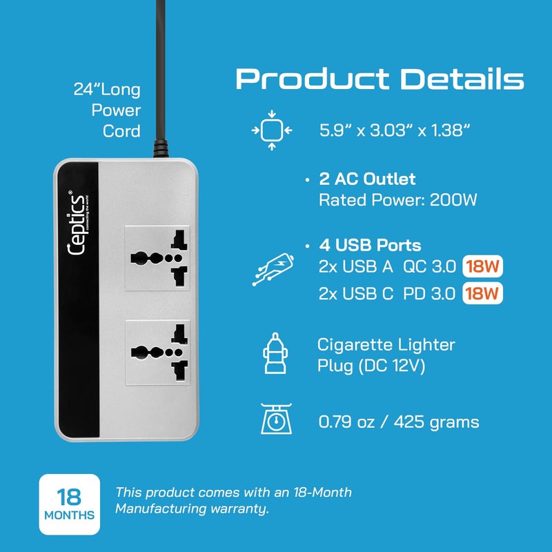 Ceptics 200W Car Laptop Charger/Power Inverter with SmartVoltage™ Technology - 12V DC to 220V AC, 15W 2 USB-A, 2 USB-C with QC 3.0, 2X Universal AC Outlet – Grey Color - 18 Months Warranty - Image 3