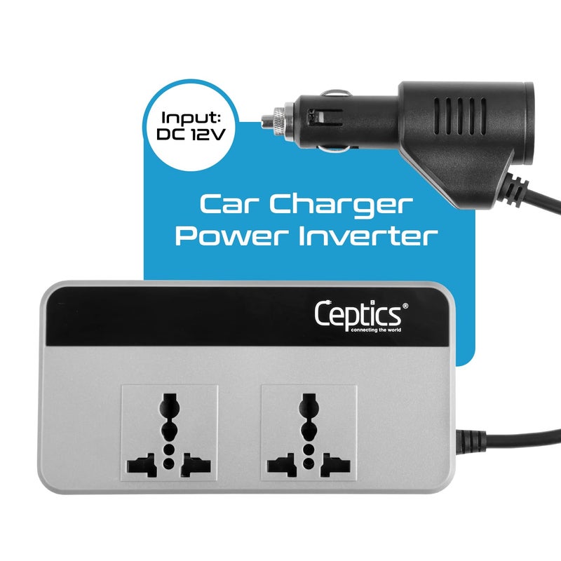 Ceptics 200W Car Laptop Charger/Power Inverter with SmartVoltage™ Technology - 12V DC to 220V AC, 15W 2 USB-A, 2 USB-C with QC 3.0, 2X Universal AC Outlet – Grey Color - 18 Months Warranty - Image 2