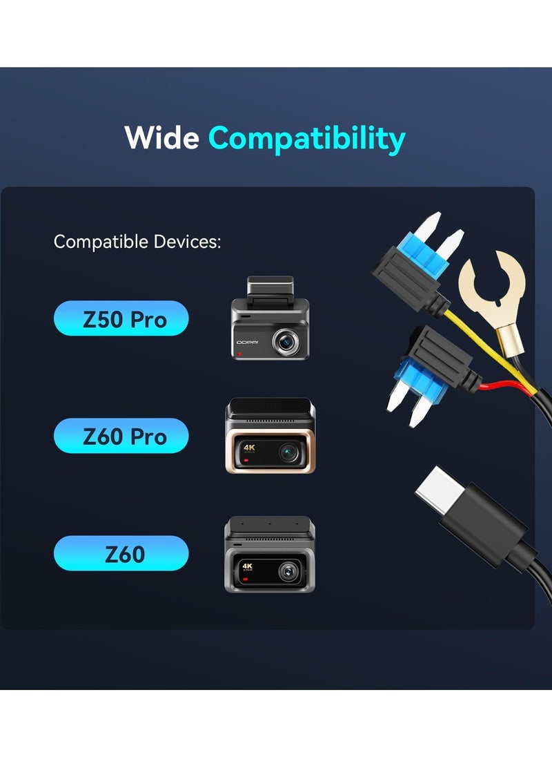 دي دي باي مجموعة اسلاك صلبة لكاميرا لوحة القيادة بمنفذ USB نوع سي بطول 10 قدم متوافقة مع موديلات Z50 برو وZ60 برو، مما يتيح مراقبة وقوف السيارات على مدار 24 ساعة، 12 فولت/2 امبير إلى 5 فولت/3 امبير لكميرات القناة Z50 برو و Z60 برو  - Image 2